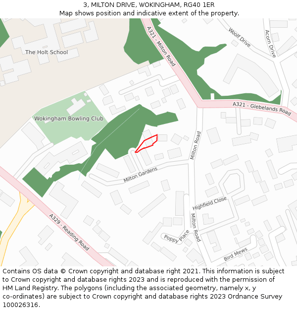 3, MILTON DRIVE, WOKINGHAM, RG40 1ER: Location map and indicative extent of plot