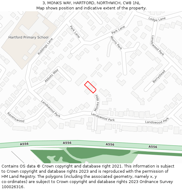 3, MONKS WAY, HARTFORD, NORTHWICH, CW8 1NL: Location map and indicative extent of plot