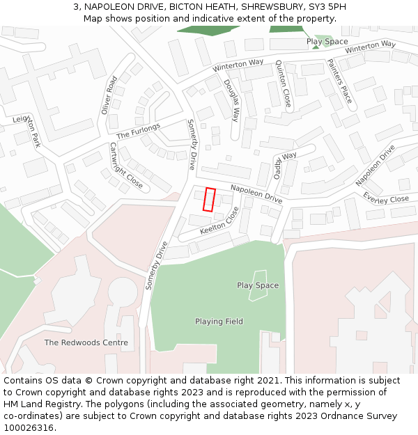 3, NAPOLEON DRIVE, BICTON HEATH, SHREWSBURY, SY3 5PH: Location map and indicative extent of plot