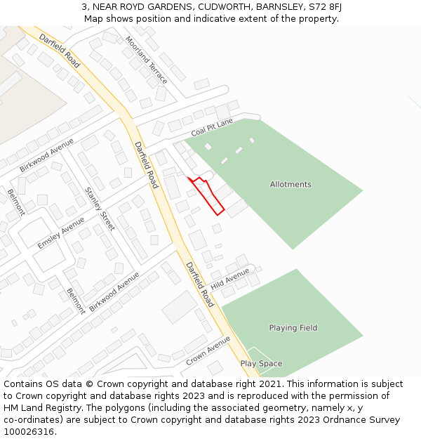 3, NEAR ROYD GARDENS, CUDWORTH, BARNSLEY, S72 8FJ: Location map and indicative extent of plot