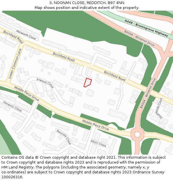 3, NOONAN CLOSE, REDDITCH, B97 4NN: Location map and indicative extent of plot