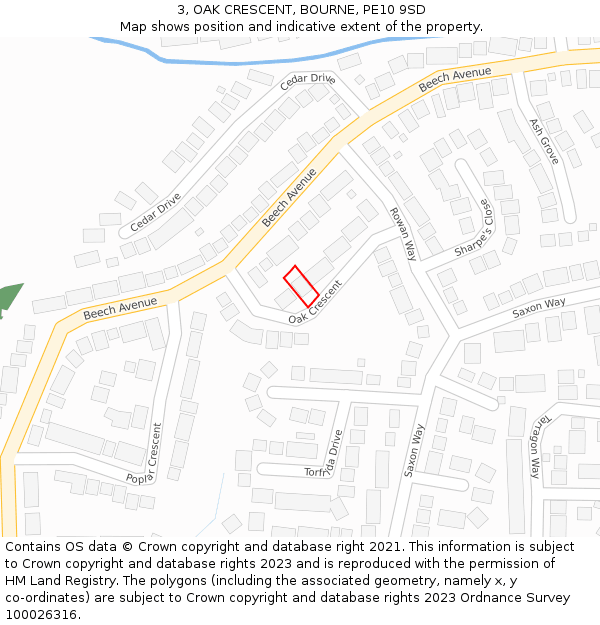 3, OAK CRESCENT, BOURNE, PE10 9SD: Location map and indicative extent of plot