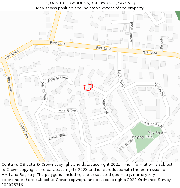 3, OAK TREE GARDENS, KNEBWORTH, SG3 6EQ: Location map and indicative extent of plot