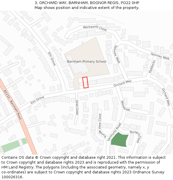 3, ORCHARD WAY, BARNHAM, BOGNOR REGIS, PO22 0HP: Location map and indicative extent of plot