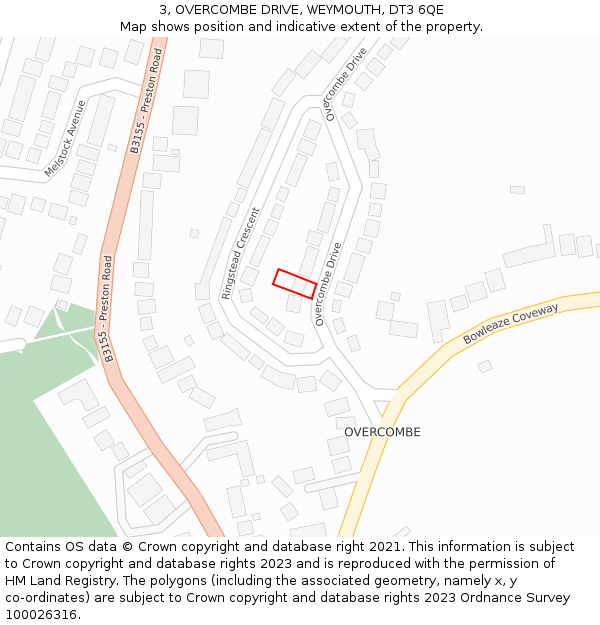 3, OVERCOMBE DRIVE, WEYMOUTH, DT3 6QE: Location map and indicative extent of plot
