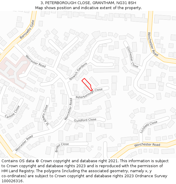 3, PETERBOROUGH CLOSE, GRANTHAM, NG31 8SH: Location map and indicative extent of plot