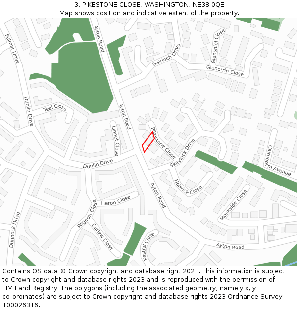 3, PIKESTONE CLOSE, WASHINGTON, NE38 0QE: Location map and indicative extent of plot