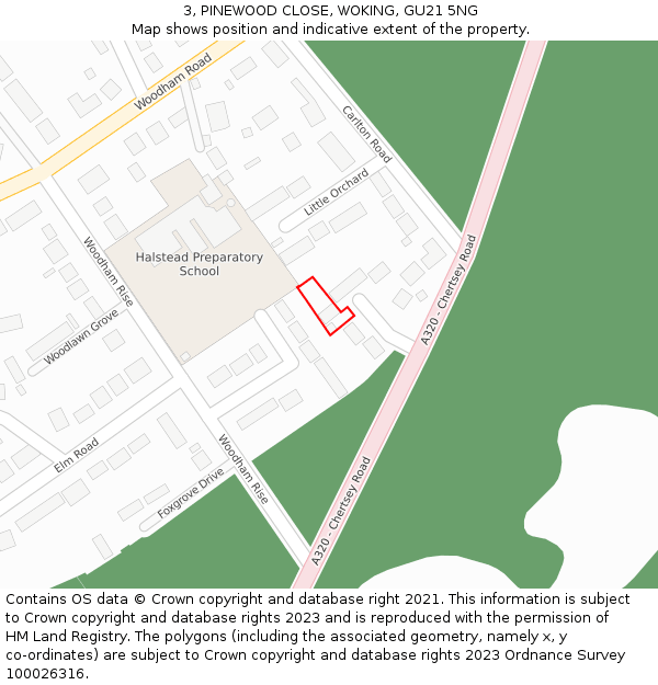 3, PINEWOOD CLOSE, WOKING, GU21 5NG: Location map and indicative extent of plot