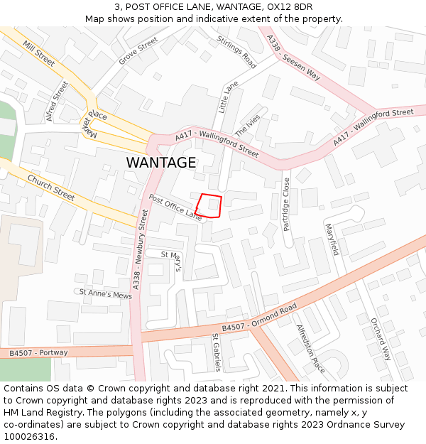 3, POST OFFICE LANE, WANTAGE, OX12 8DR: Location map and indicative extent of plot