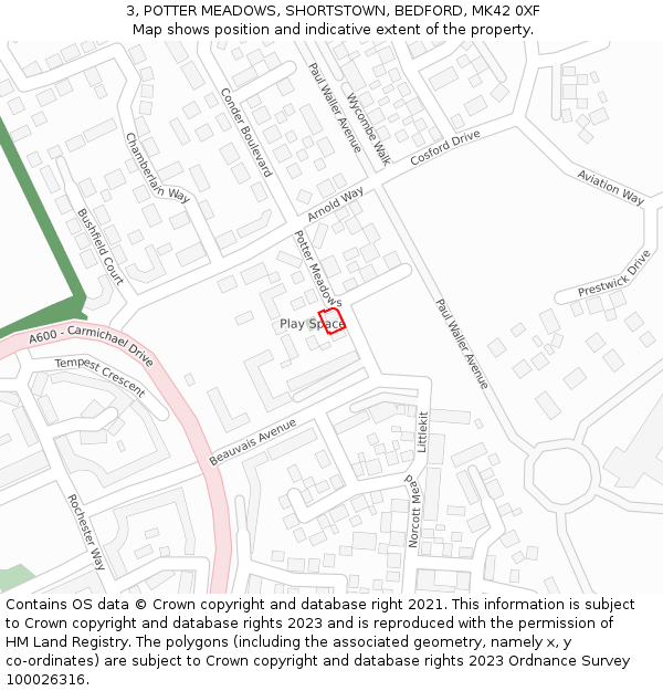 3, POTTER MEADOWS, SHORTSTOWN, BEDFORD, MK42 0XF: Location map and indicative extent of plot