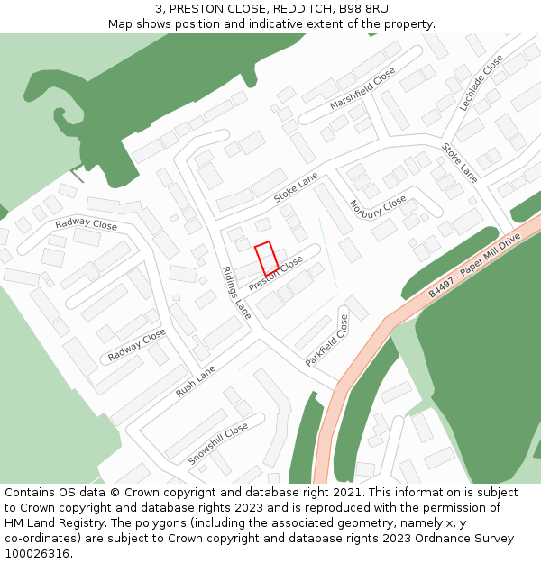 3, PRESTON CLOSE, REDDITCH, B98 8RU: Location map and indicative extent of plot