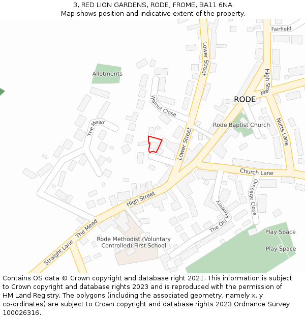 3, RED LION GARDENS, RODE, FROME, BA11 6NA: Location map and indicative extent of plot