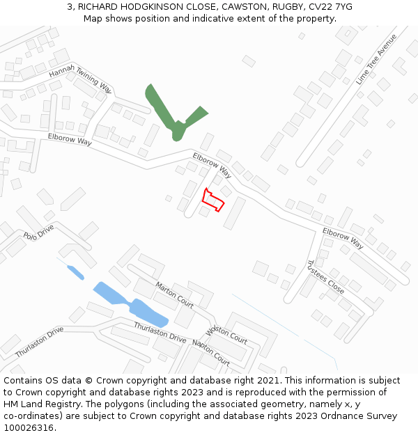 3, RICHARD HODGKINSON CLOSE, CAWSTON, RUGBY, CV22 7YG: Location map and indicative extent of plot