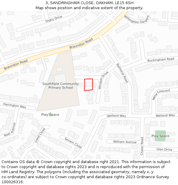 3, SANDRINGHAM CLOSE, OAKHAM, LE15 6SH: Location map and indicative extent of plot