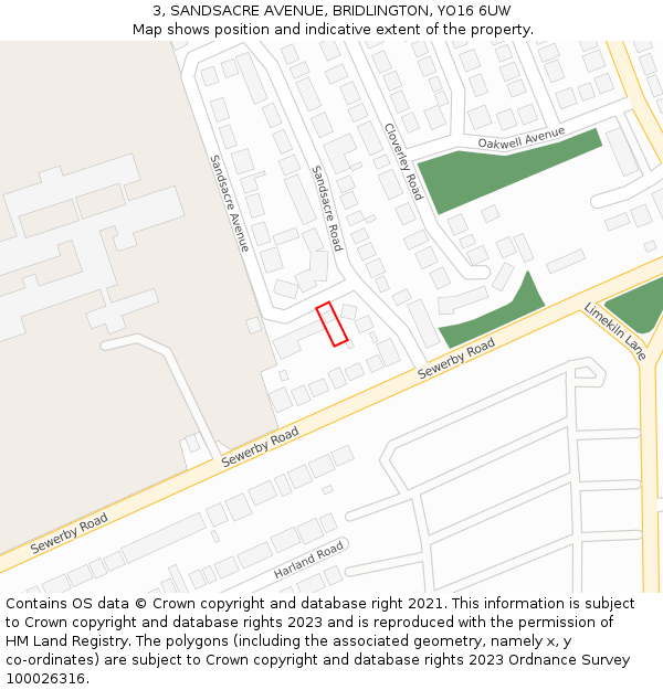 3, SANDSACRE AVENUE, BRIDLINGTON, YO16 6UW: Location map and indicative extent of plot