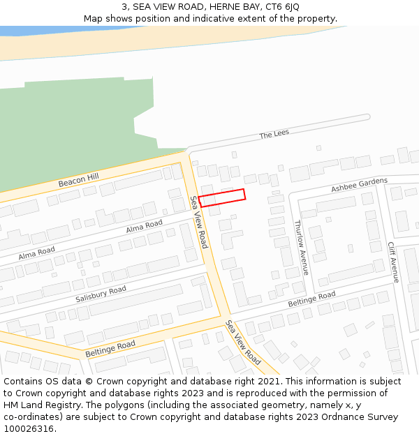 3, SEA VIEW ROAD, HERNE BAY, CT6 6JQ: Location map and indicative extent of plot