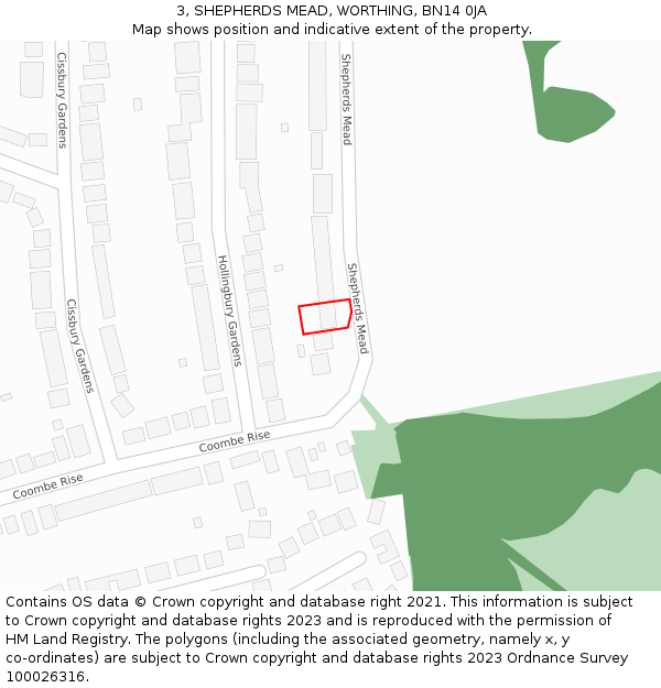3, SHEPHERDS MEAD, WORTHING, BN14 0JA: Location map and indicative extent of plot