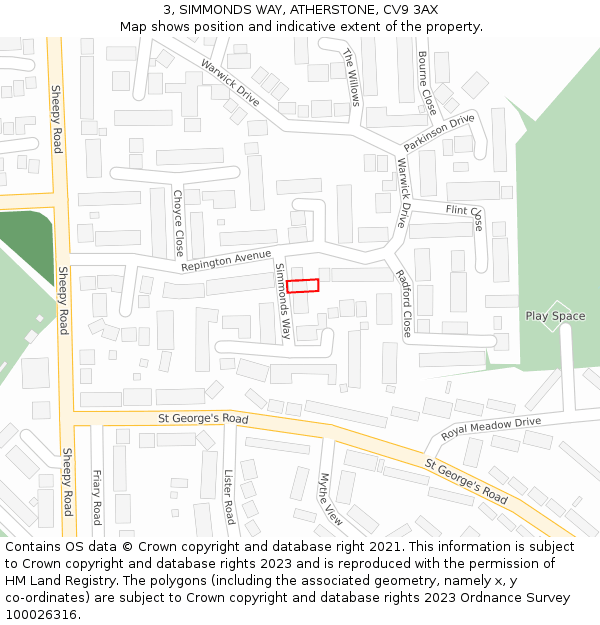 3, SIMMONDS WAY, ATHERSTONE, CV9 3AX: Location map and indicative extent of plot