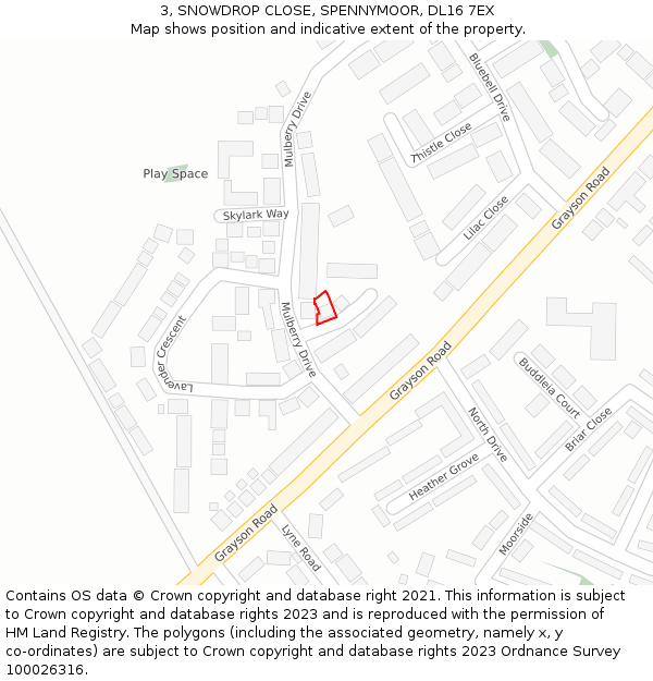 3, SNOWDROP CLOSE, SPENNYMOOR, DL16 7EX: Location map and indicative extent of plot