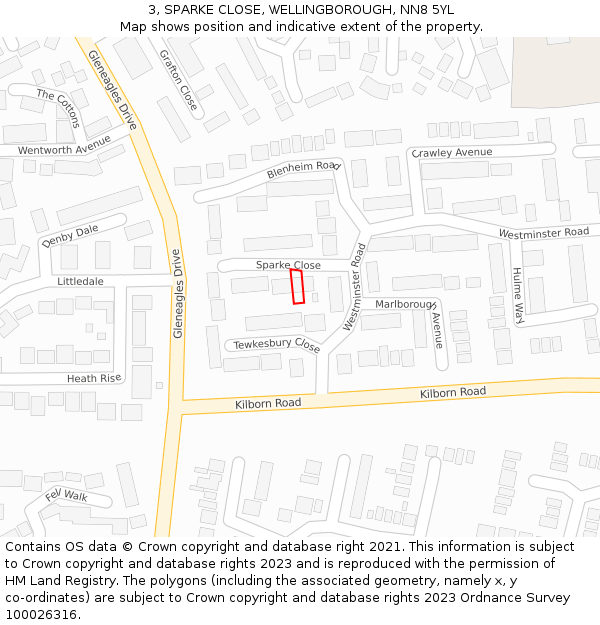 3, SPARKE CLOSE, WELLINGBOROUGH, NN8 5YL: Location map and indicative extent of plot