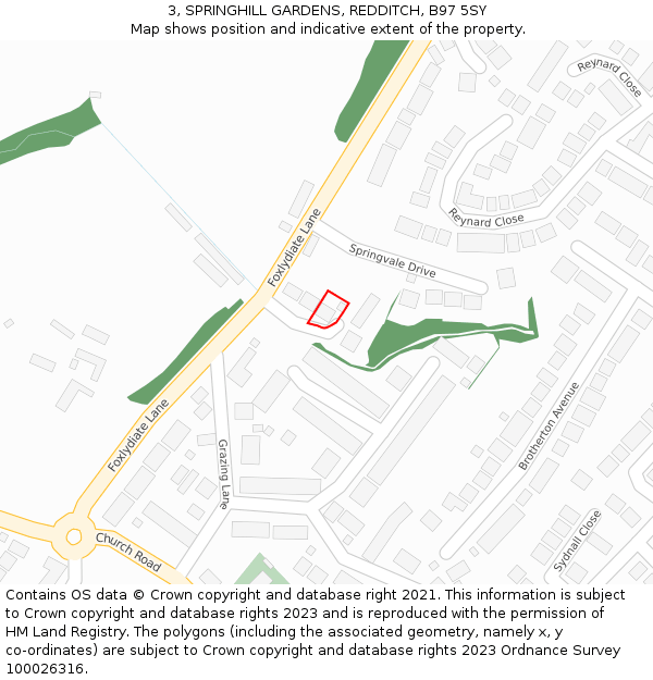 3, SPRINGHILL GARDENS, REDDITCH, B97 5SY: Location map and indicative extent of plot