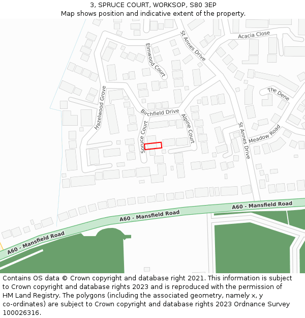 3, SPRUCE COURT, WORKSOP, S80 3EP: Location map and indicative extent of plot