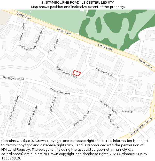3, STAMBOURNE ROAD, LEICESTER, LE5 0TY: Location map and indicative extent of plot