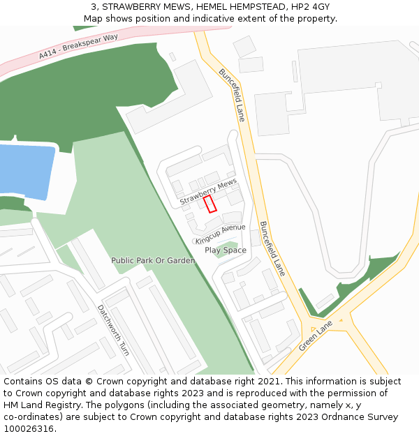 3, STRAWBERRY MEWS, HEMEL HEMPSTEAD, HP2 4GY: Location map and indicative extent of plot