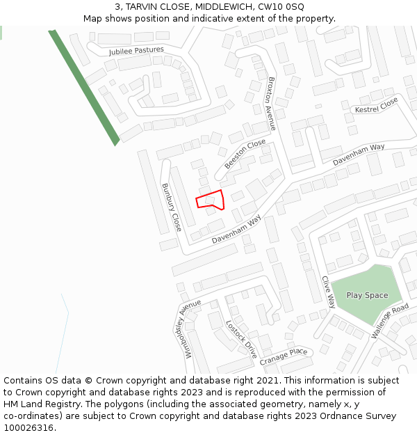 3, TARVIN CLOSE, MIDDLEWICH, CW10 0SQ: Location map and indicative extent of plot