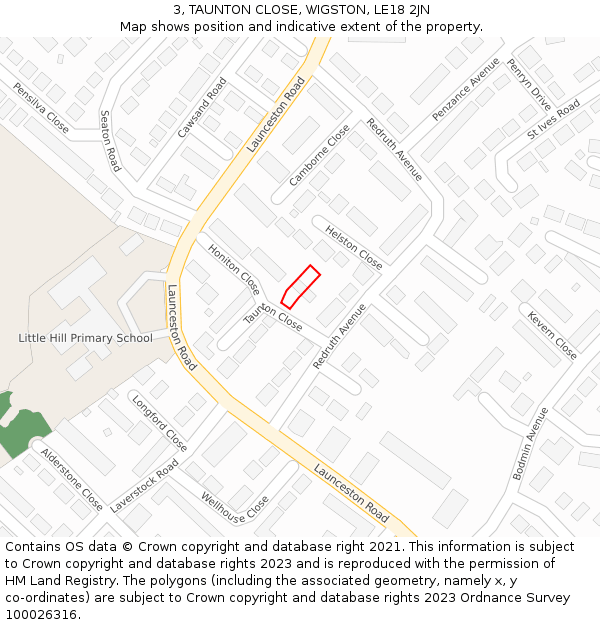 3, TAUNTON CLOSE, WIGSTON, LE18 2JN: Location map and indicative extent of plot