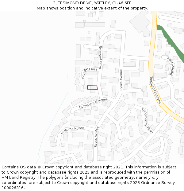 3, TESIMOND DRIVE, YATELEY, GU46 6FE: Location map and indicative extent of plot