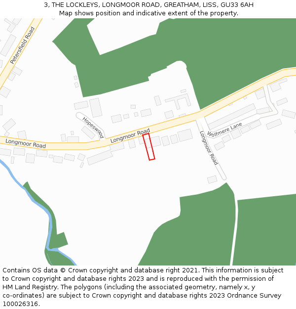 3, THE LOCKLEYS, LONGMOOR ROAD, GREATHAM, LISS, GU33 6AH: Location map and indicative extent of plot