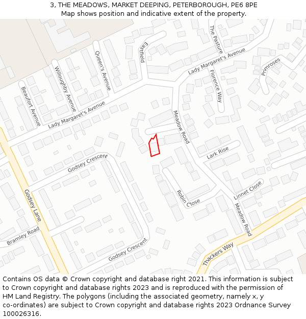 3, THE MEADOWS, MARKET DEEPING, PETERBOROUGH, PE6 8PE: Location map and indicative extent of plot