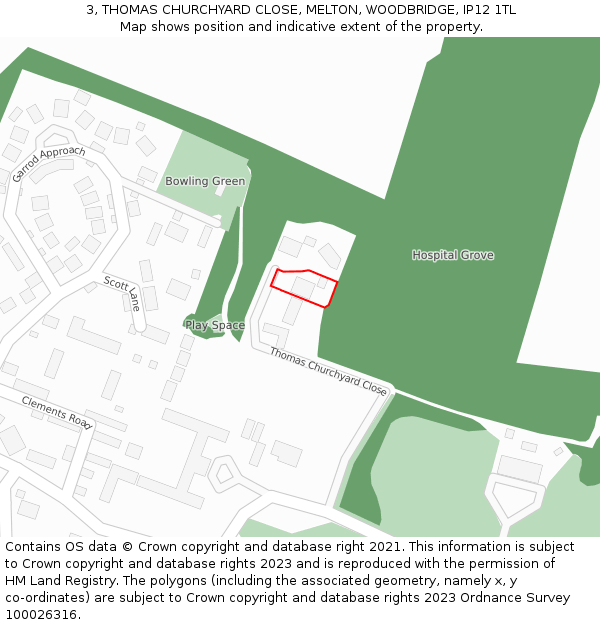 3, THOMAS CHURCHYARD CLOSE, MELTON, WOODBRIDGE, IP12 1TL: Location map and indicative extent of plot
