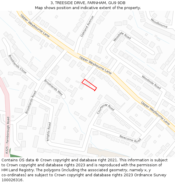 3, TREESIDE DRIVE, FARNHAM, GU9 9DB: Location map and indicative extent of plot