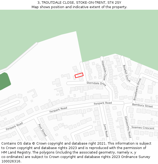 3, TROUTDALE CLOSE, STOKE-ON-TRENT, ST4 2SY: Location map and indicative extent of plot