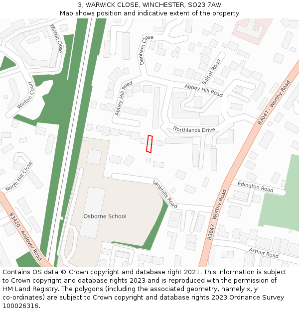 3, WARWICK CLOSE, WINCHESTER, SO23 7AW: Location map and indicative extent of plot