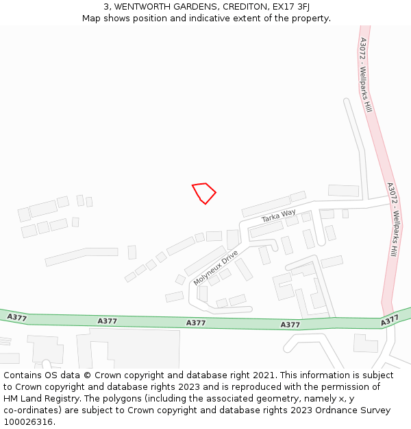 3, WENTWORTH GARDENS, CREDITON, EX17 3FJ: Location map and indicative extent of plot