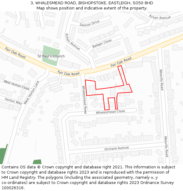 3, WHALESMEAD ROAD, BISHOPSTOKE, EASTLEIGH, SO50 8HD: Location map and indicative extent of plot