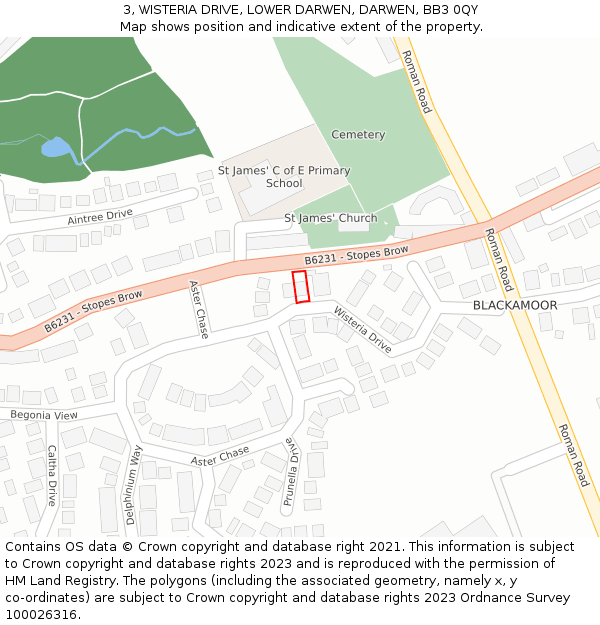 3, WISTERIA DRIVE, LOWER DARWEN, DARWEN, BB3 0QY: Location map and indicative extent of plot