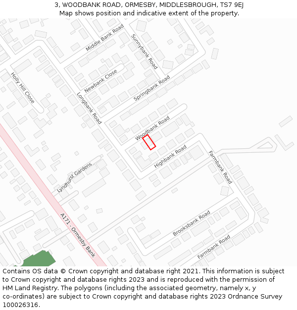 3, WOODBANK ROAD, ORMESBY, MIDDLESBROUGH, TS7 9EJ: Location map and indicative extent of plot