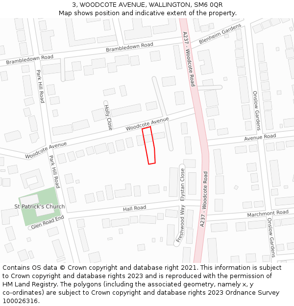 3, WOODCOTE AVENUE, WALLINGTON, SM6 0QR: Location map and indicative extent of plot