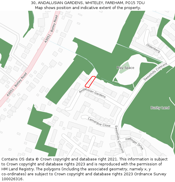 30, ANDALUSIAN GARDENS, WHITELEY, FAREHAM, PO15 7DU: Location map and indicative extent of plot