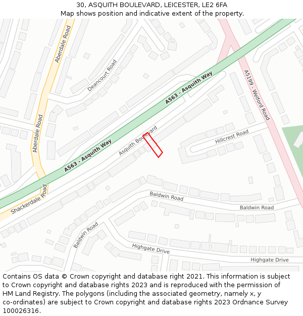 30, ASQUITH BOULEVARD, LEICESTER, LE2 6FA: Location map and indicative extent of plot