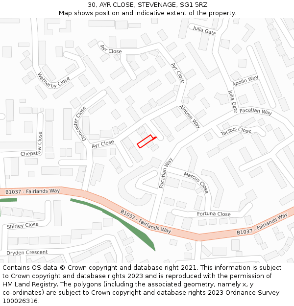 30, AYR CLOSE, STEVENAGE, SG1 5RZ: Location map and indicative extent of plot