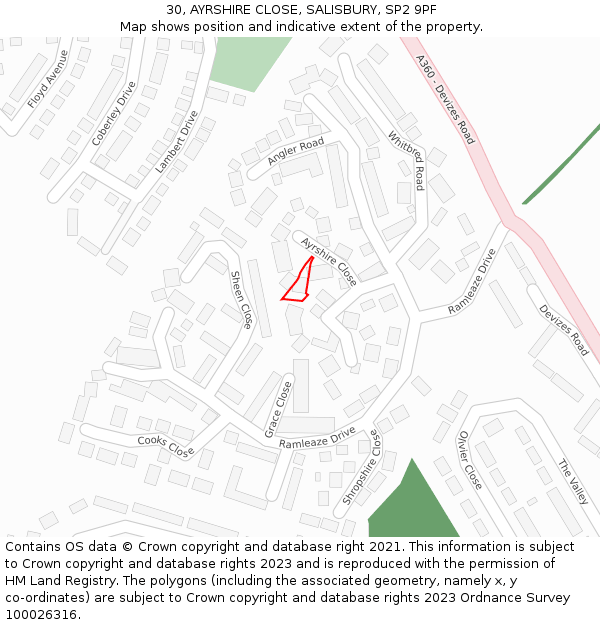 30, AYRSHIRE CLOSE, SALISBURY, SP2 9PF: Location map and indicative extent of plot