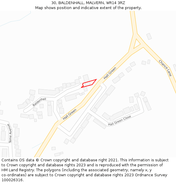 30, BALDENHALL, MALVERN, WR14 3RZ: Location map and indicative extent of plot