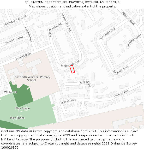 30, BARDEN CRESCENT, BRINSWORTH, ROTHERHAM, S60 5HR: Location map and indicative extent of plot