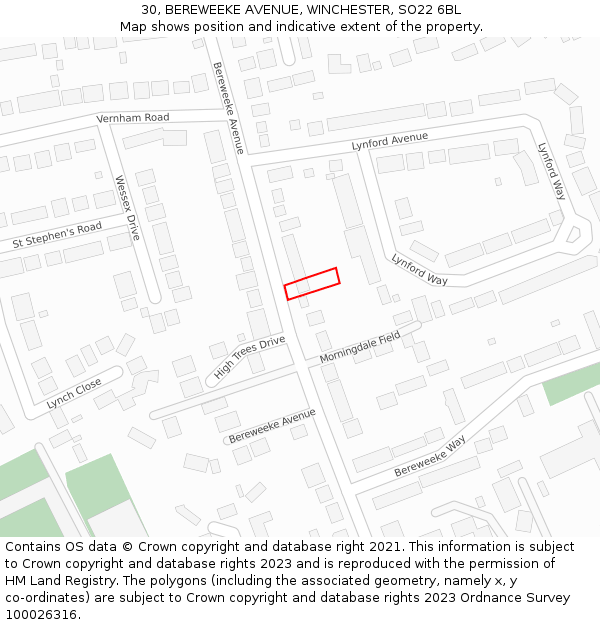 30, BEREWEEKE AVENUE, WINCHESTER, SO22 6BL: Location map and indicative extent of plot