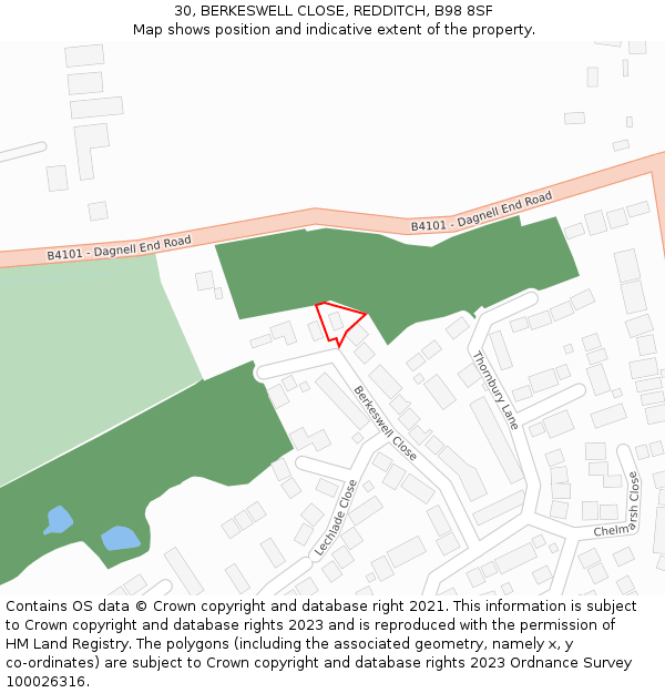 30, BERKESWELL CLOSE, REDDITCH, B98 8SF: Location map and indicative extent of plot